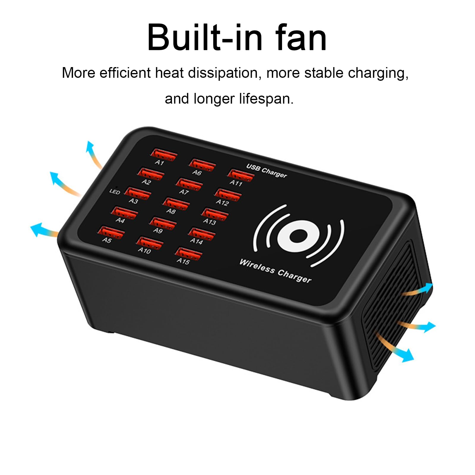 Wieloportowa Stacja ładująca Usb 16 W 1 Z Bezprzewodową Podkładką ładującą 10 W, Przenośną ładowarką Z Inteligentną Dystrybucją Prądu I Wentylatorem Chłodzącym