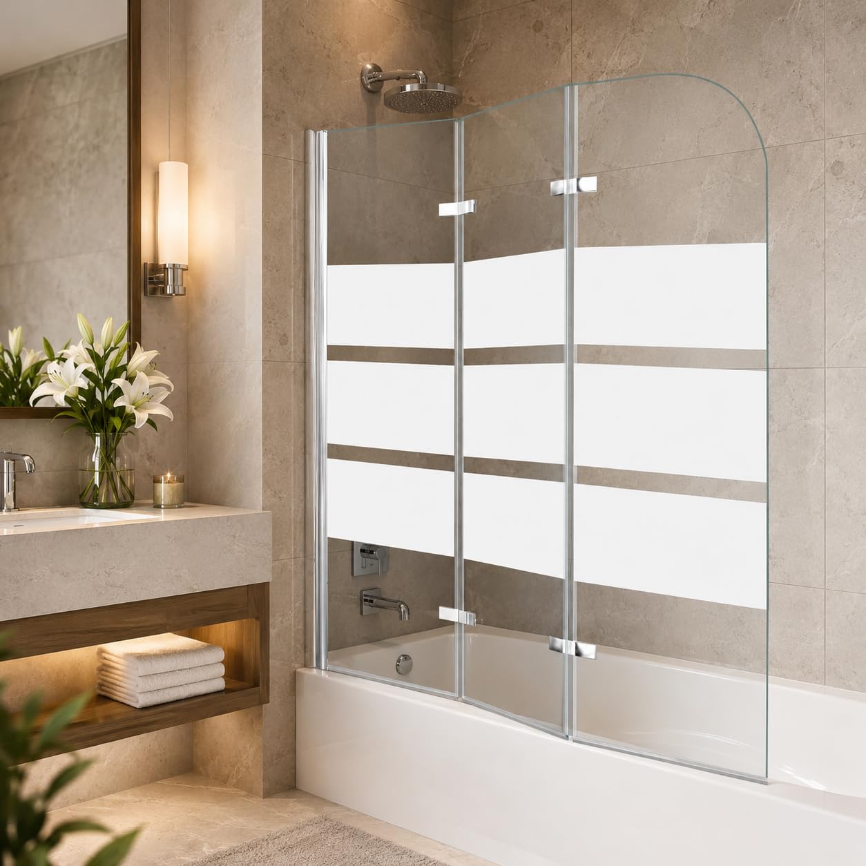 Pannello doccia per vasca da bagno, 120 x 140 cm, pieghevole, 3 pezzi, in vetro di sicurezza EGS da 6 mm, per doccia e vasca da bagno, strisce bianche