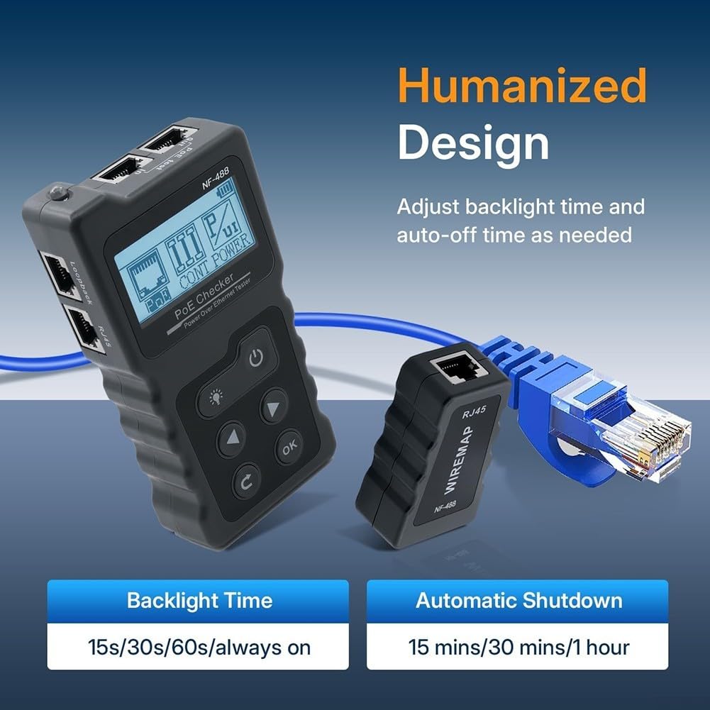 Testeur de câble réseau pour un usage domestique et professionnel avec analyse Poe pour fils Ethernet Cat5e Cat6 Cat6a Gris Design compact avec lumière LED et écran LCD Pochette de transport incluse