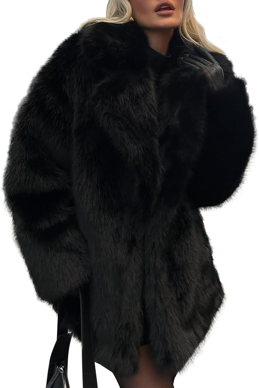 Kissonic Women's Long Faux Fur Coat Lapel Shaggy Winter Jacket Luxury Warm Furry Open Front Outerwear