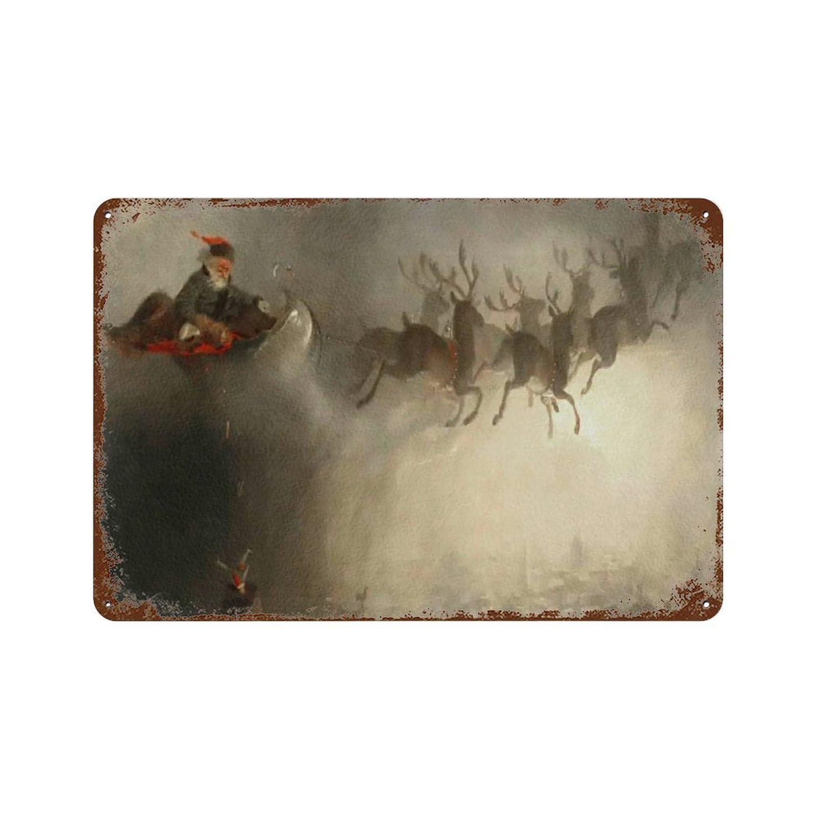 xiaoxiaoshen Santa Claus Artwork, Father Driving A Reindeer Sleigh Wall Decor Art Metal Tin Poster Modern Home Decor Art Home Bar Shop Decorations Vintage Sign 20x30cm