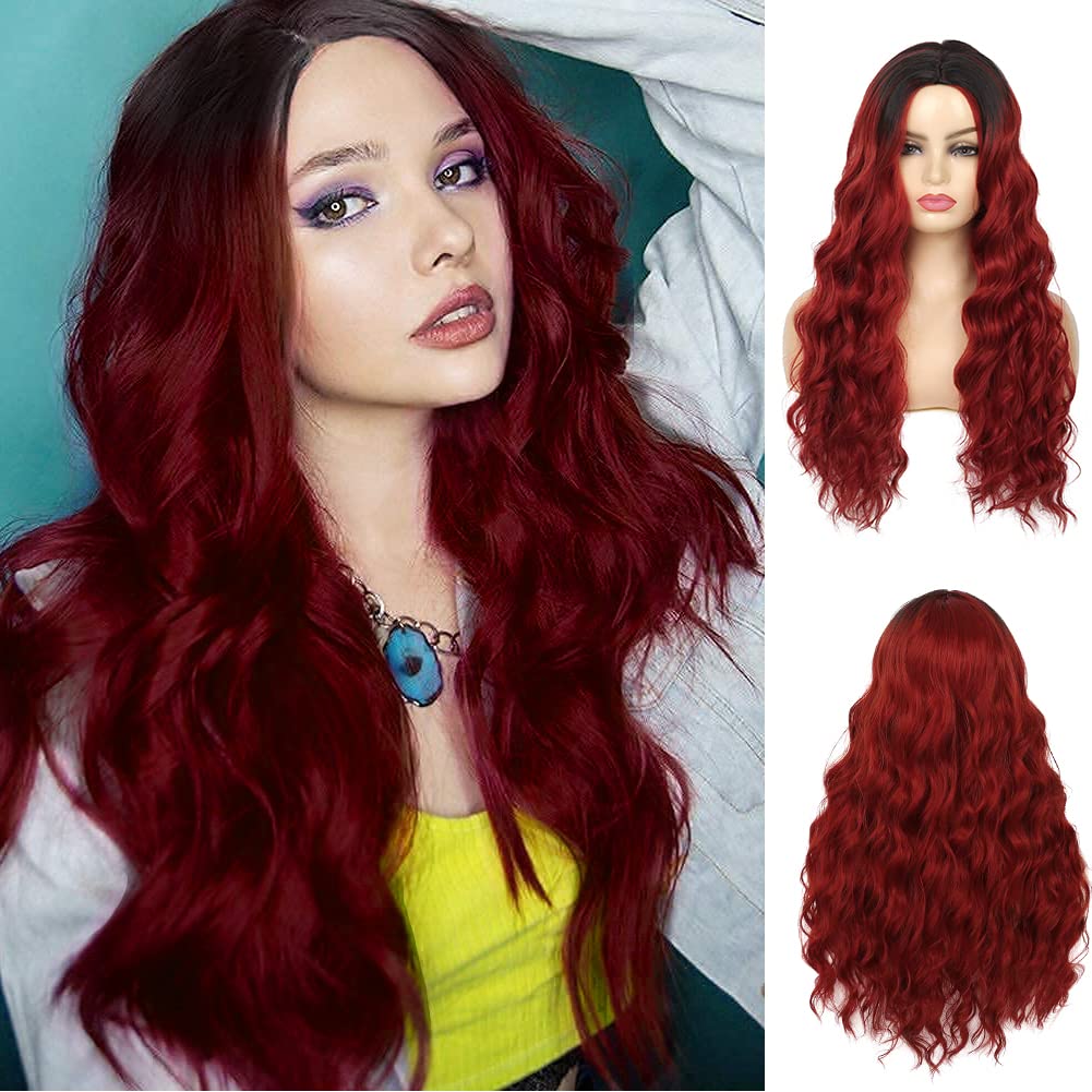 Swiking Ombre Red Long Curly Wigs for Women Wavy Black and Red Wig Natural Synthetic Hair Wig for Cospaly Halloween black red