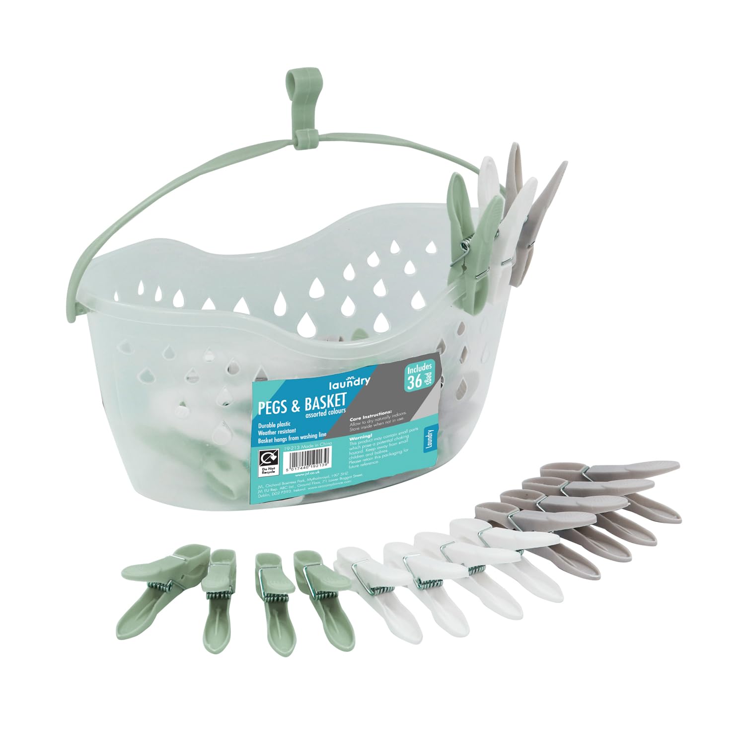 JVL Peg Basket with Handle and 36 Plastic Clothes Pegs – Laundry Storage Holder