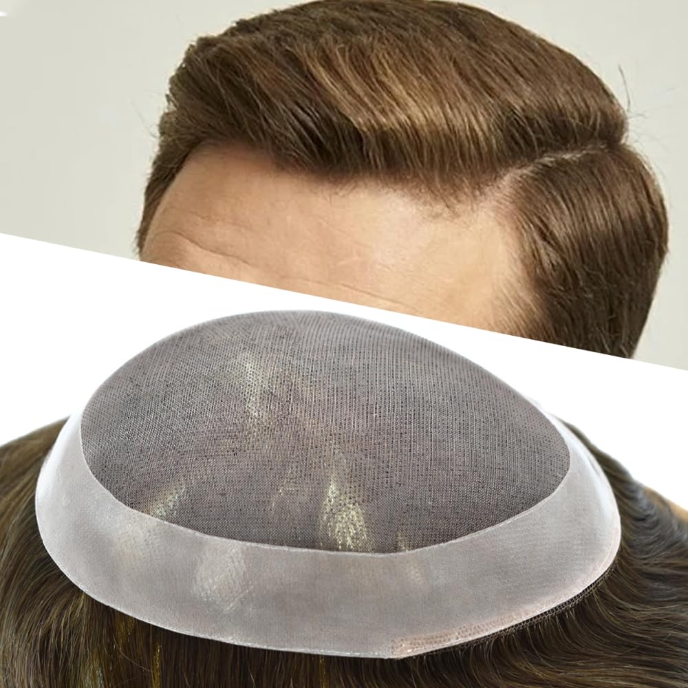 Healthlif Toupee For Men Hair Replacement System Toupee For Men Hairpieces Fine Monofilament Hair Systems For Men7x10 Medium light density 5# MEDIUM LIGHT BROWN