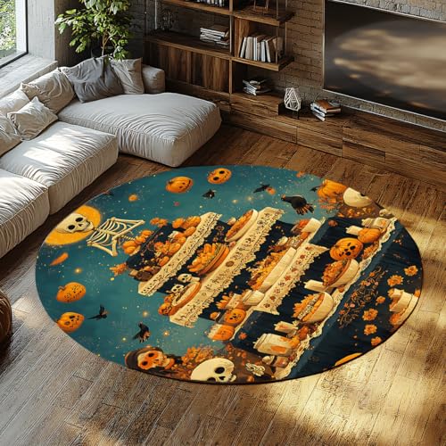 お祝いの装飾 150cm - 丸いラグ死者の日ヴィンテージスタイルのカボチャとスケルトンパターンの居心地の良いローパイルカーペットリビングルームバルコニー用