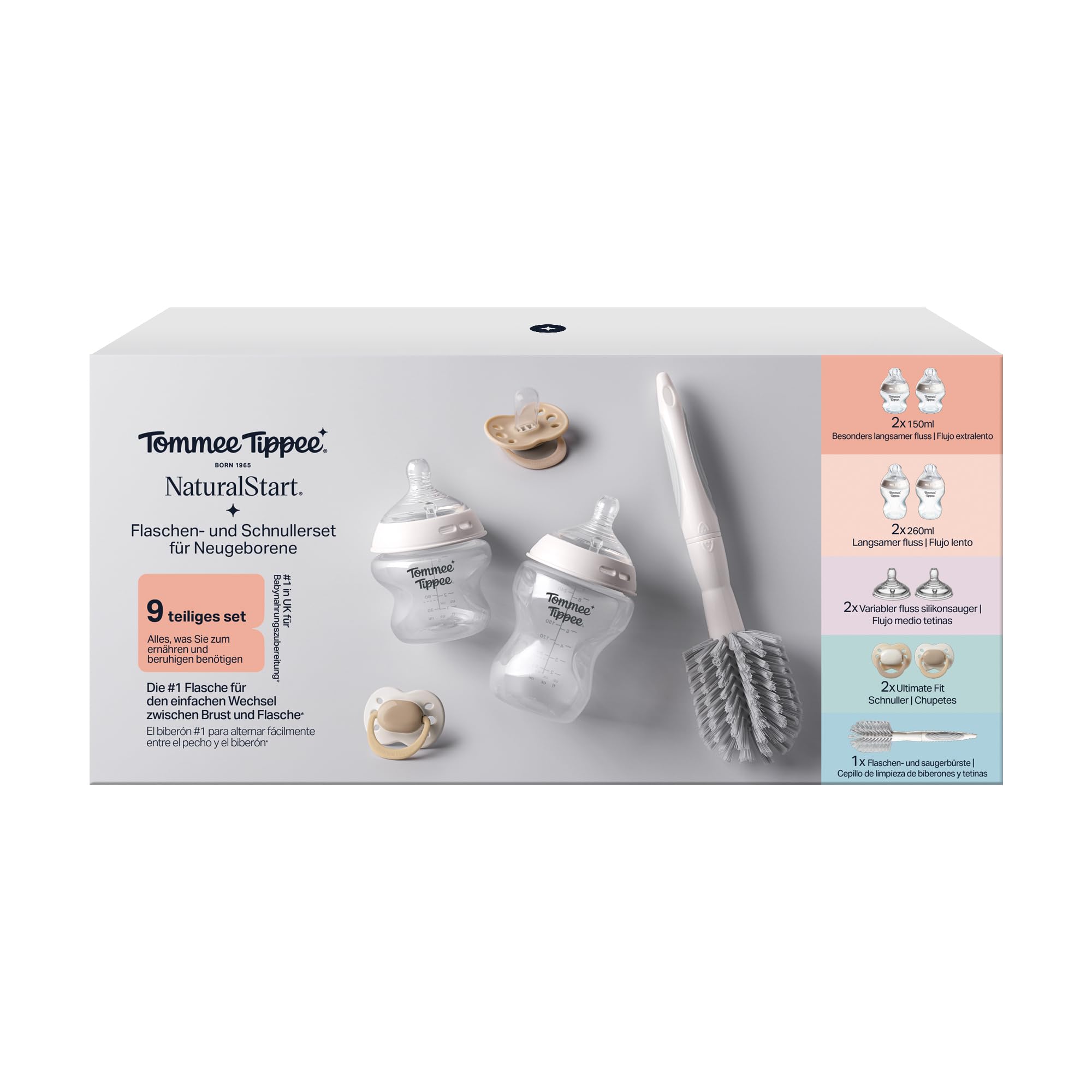 Tommee Tippee Natural Start Starterset für Neugeborene, 150-ml- und 260-ml-Anti-Kolik-Babyflaschen mit Besonders langsamer und Langsamsauger, brustähnliche Sauger, selbststerilisierend