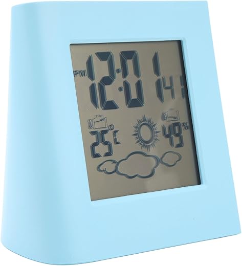 Solar Powered Clock Battery Powered Alarm Clock Solar Charging Small Digital Clock for Weather Forcast LCD Display Clock (Blue)