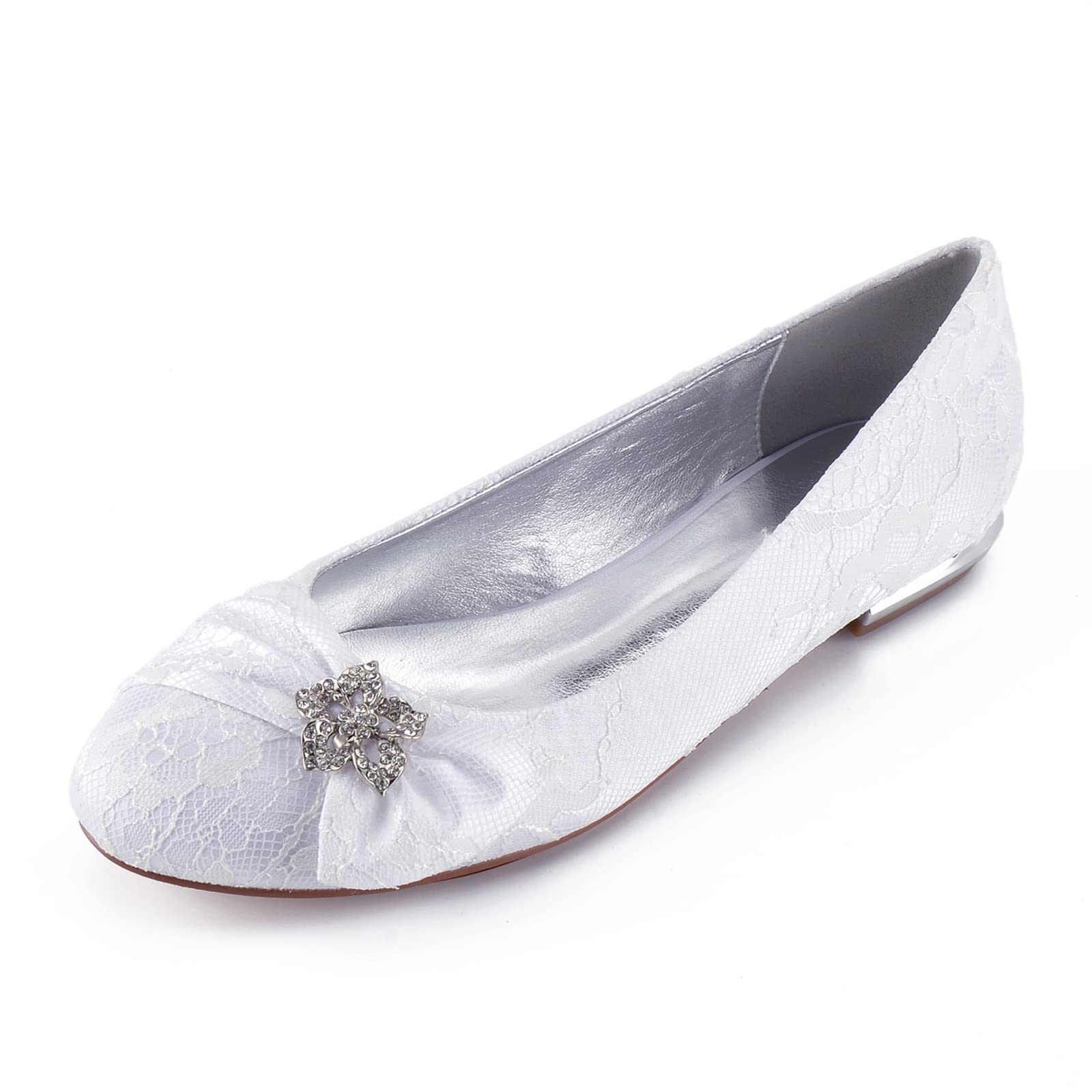 JTTM Women's Classic Bridal Slip-On Round Toe Ballet Flat Lace Rhinestone Wedding Bridesmaid Shoes