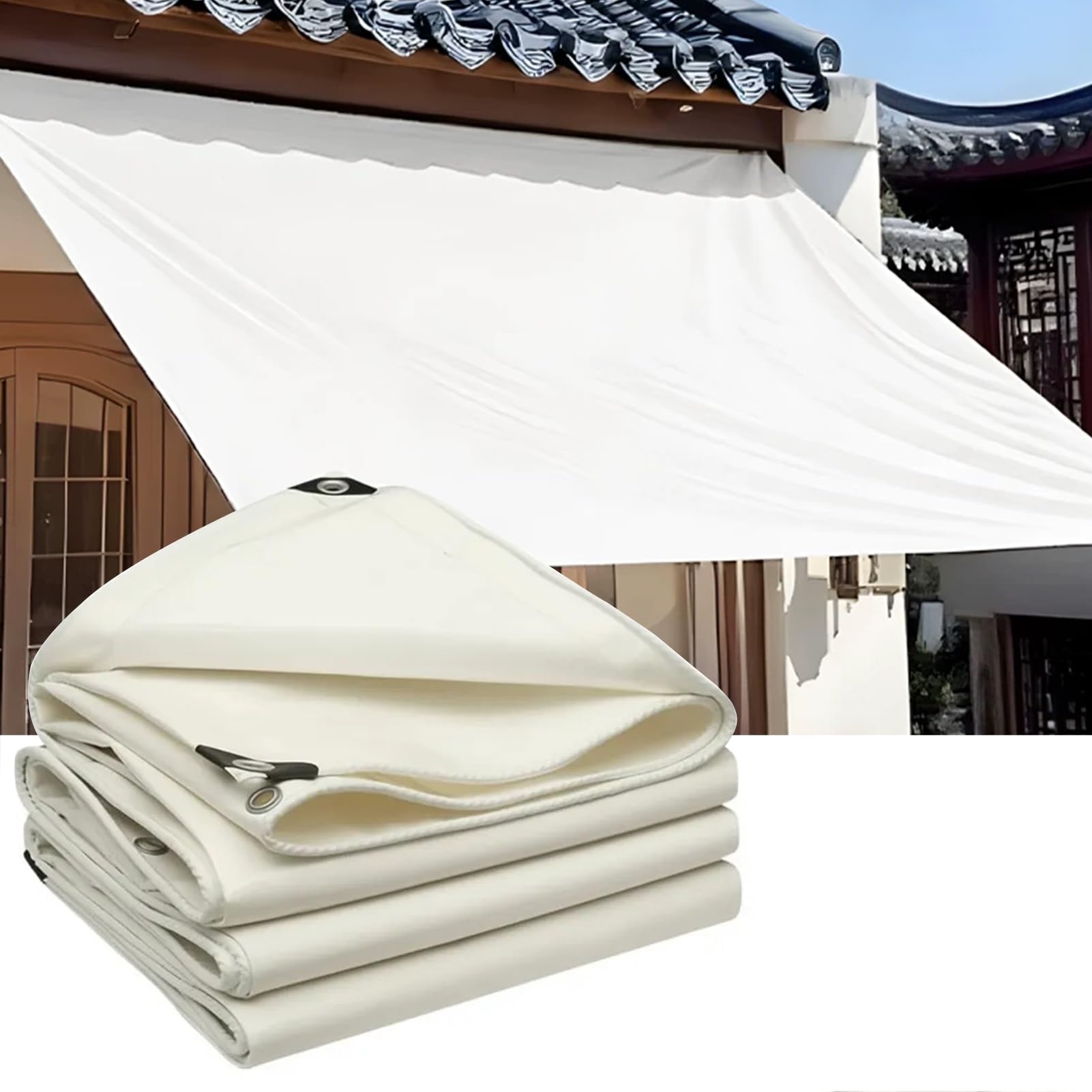 Heavy Duty White Waterproof Tarpaulin 500g/m² Poly Tarp with Eyelets, Multi-purpose Canvas Patio Cover & Ground Sheet for Outdoor Camping(1.2x1.2m(3.9ftx3.9ft))