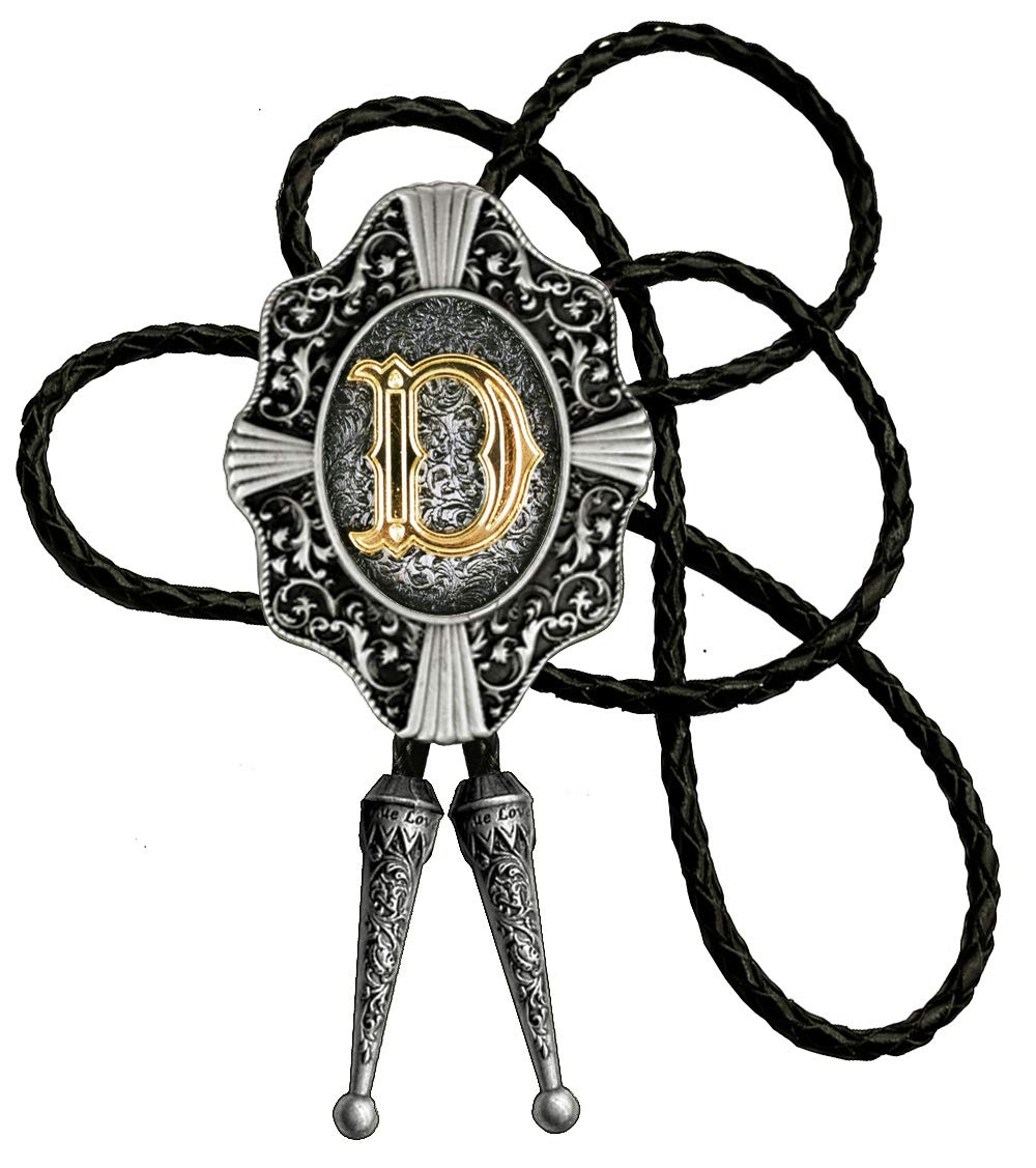 Moranse Golden Initial A to Z in Flower Nursery Cowboy Bolo Tie with Cowhide Rope - - D