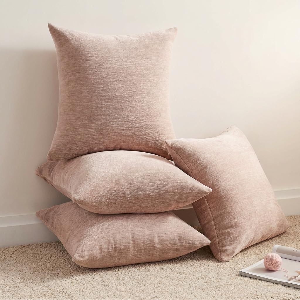 Set of 4 Blush Pink Throw Pillow Covers 18x18 Inch, Neutral Boho Farmhouse Aesthetic Decorative Pillow Cases for Couch, Sofa, Living Room & Bed, Chenille Pillow Cases, Stylish Home Decor, 45x45 cm