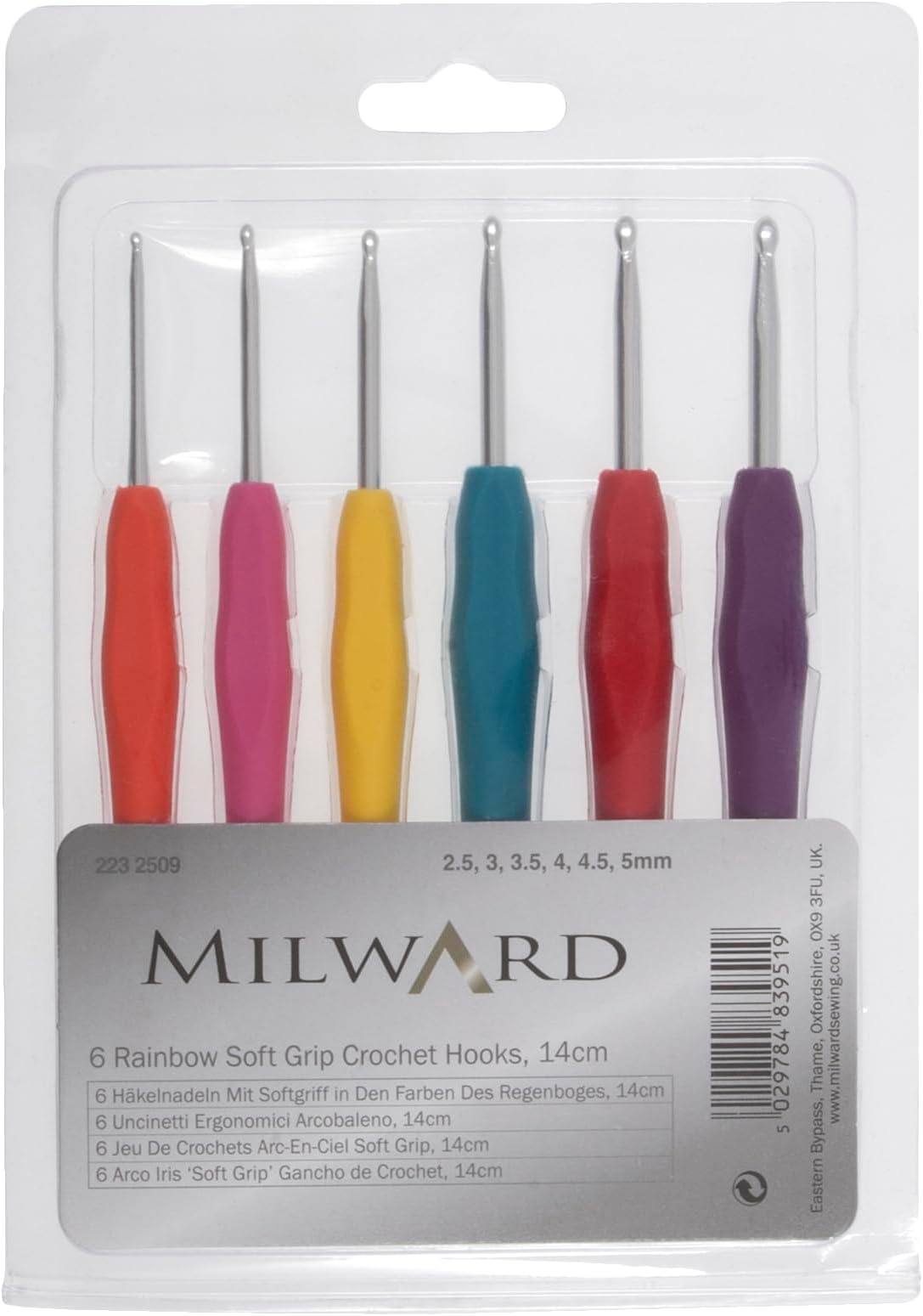 2232509 Crochet Hook Set: Soft-Grip Rubber Handles: Set of 6, Rainbow, 2.5,3,3.5,4,4.5,5 mm