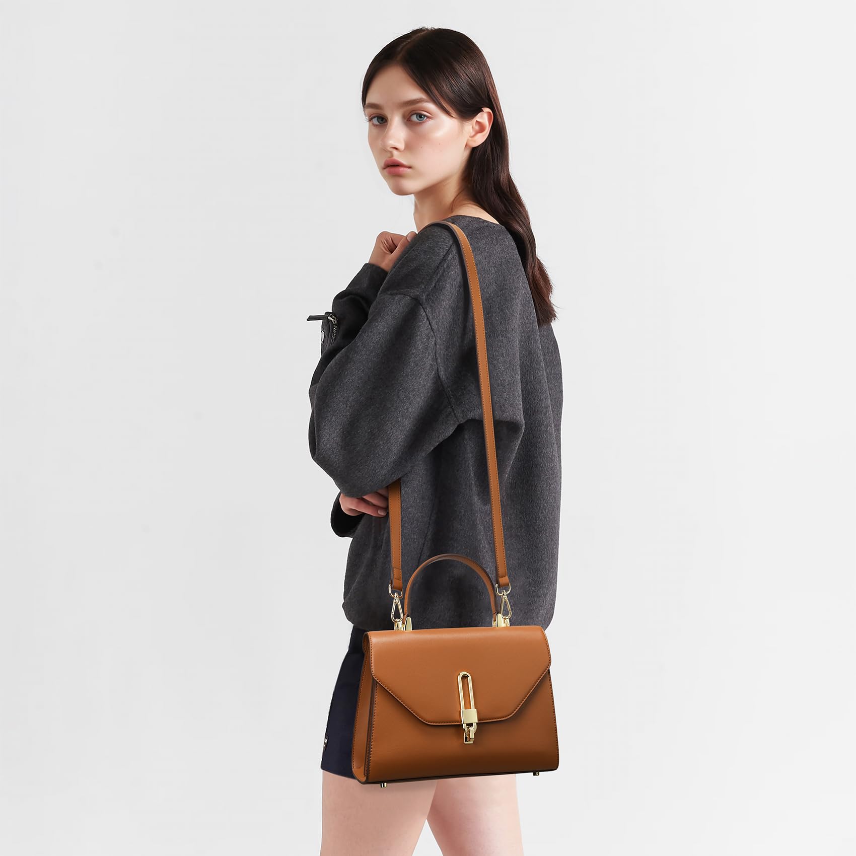 Bolso de mano para mujer, de piel, 3 compartimentos, viene con correa de hombro extraíble (marrón), marrón