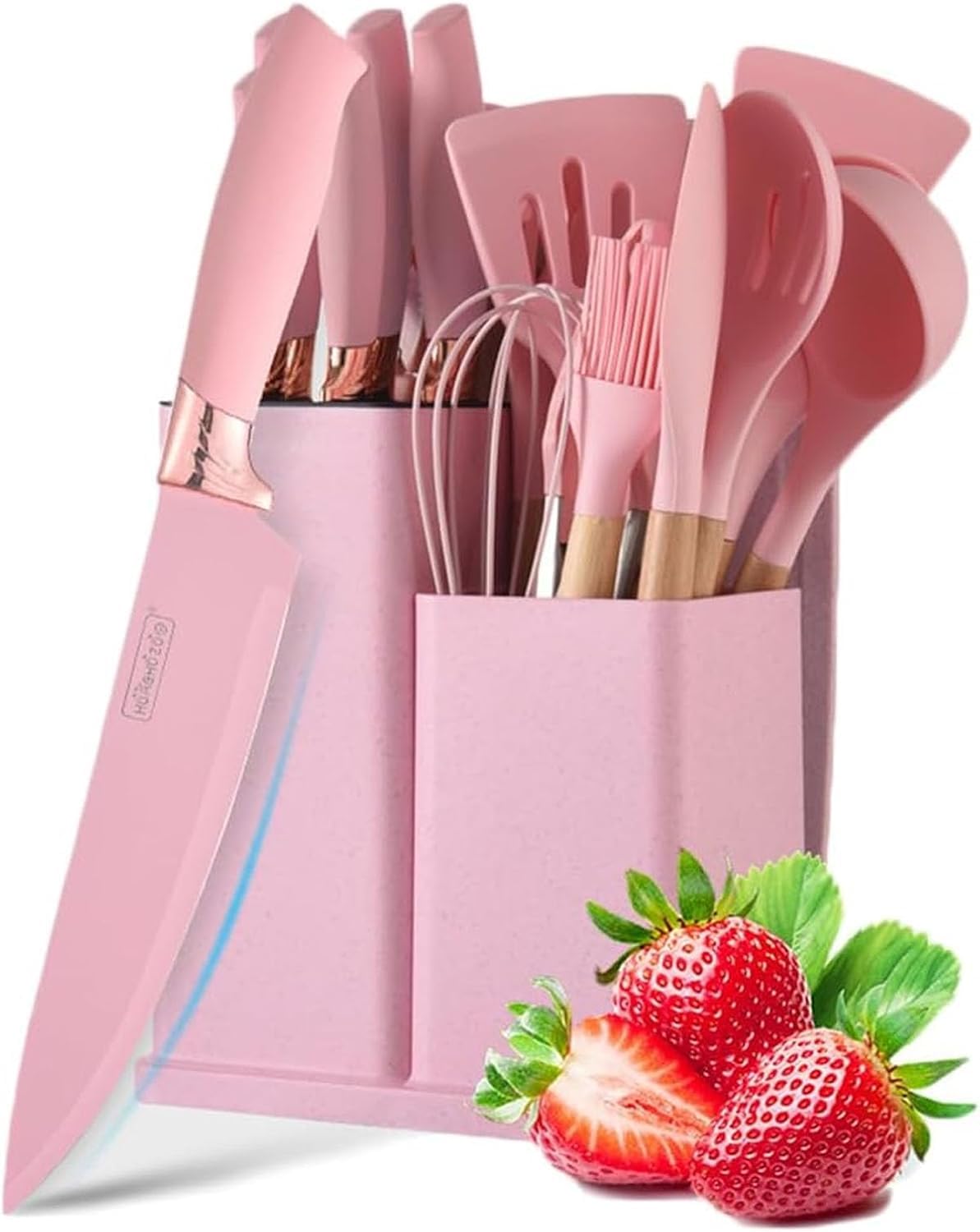 Silicone Kitchen Utensils Set of 19 Pieces Kitchen Utensils with Stand and Kitchen Knives for Kitchen Non-Stick Heat Resistant with Wooden Handle (Pink)