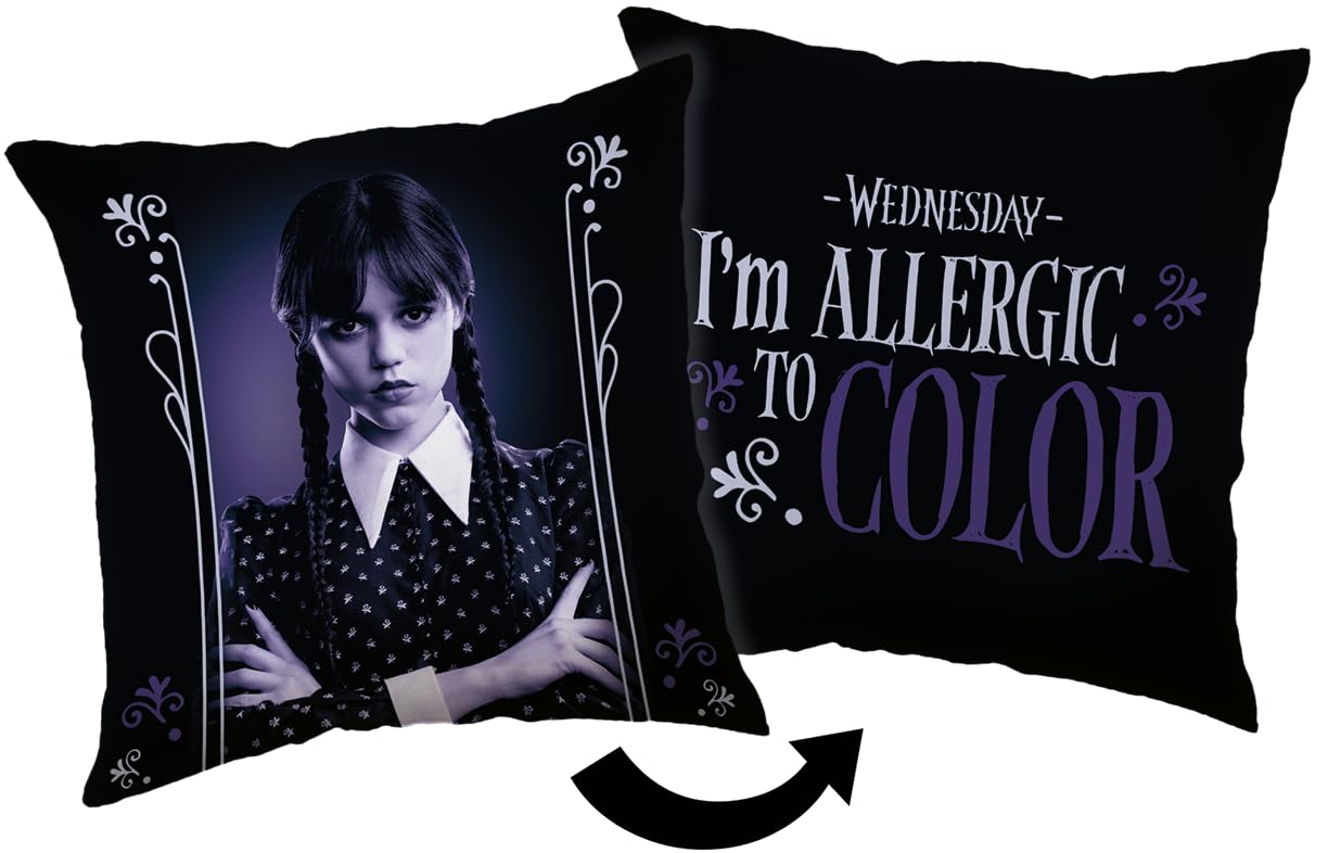 Jerry Fabrics Purple Black White Wednesday Cushion 40X40cm – Reversible Purple Square Pillow | “I’m Allergic To Color” Quote | Netflix Series Fan Gift | Gothic Bedroom Wednesday Addams Sofa Throw Pillow