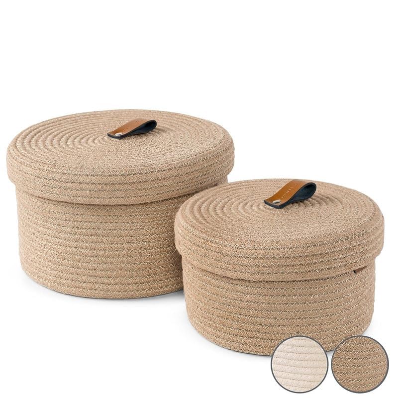 ALBY Baskets with Lids -Decorative Jute with Lids for Organizing - Natural Jute Rope Lidded Baskets with Genuine Leather Tabs - Storage (BAIGE SET OF 2)-image-46