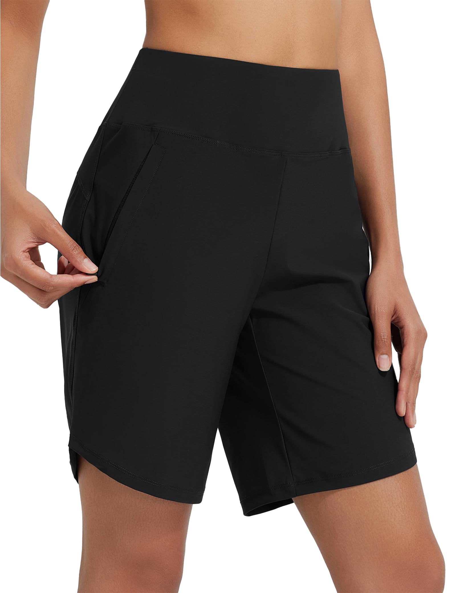 BALEAF Short de bain long pour femme, 22,9 cm, bermuda, longueur au genou, pantalon de plage, protection solaire, short de bain Quick Dry UPF50+, Noir , XL