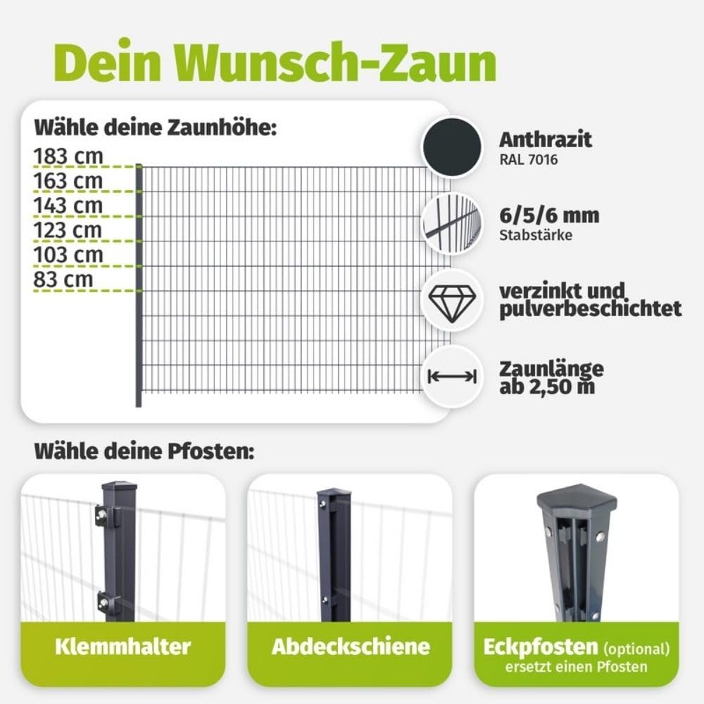 HORI Doppelstabmattenzaun I Zaun Komplettset I verschiedene Längen und Höhen – mit Klemmhalter Anthrazit,Grau RAL 7016 Höhe 143 cm - Länge 5 m