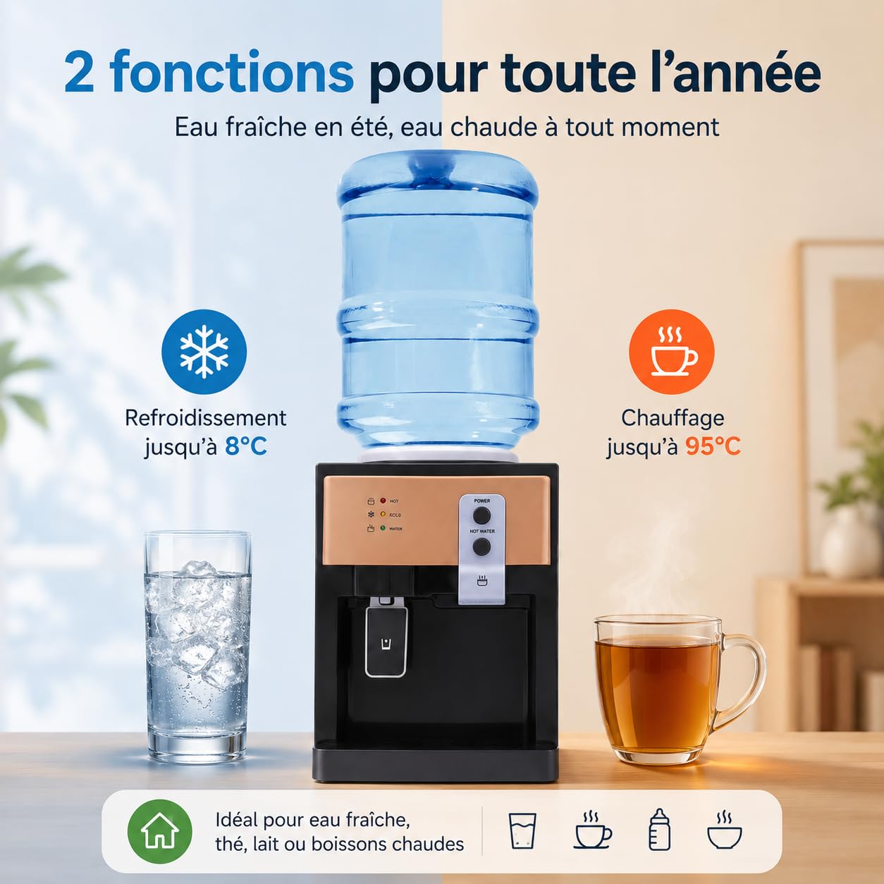 Distributeur d'eau électrique 550 W, source d'eau chaude et froide, pour bureau, maison, machine à eau avec bac de collecte d'eau amovible, pour seaux de 3,5 L, 5 L, 10 L, 18,9 L, pour