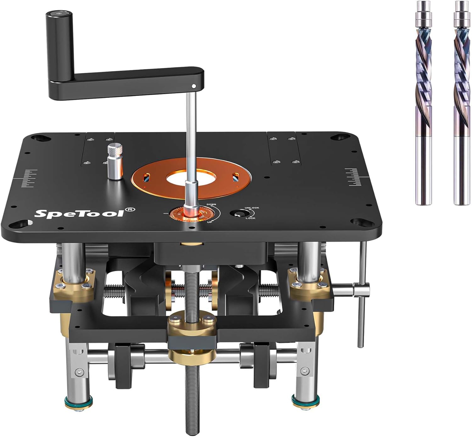 SpeTool Router Lift for 2.56”-4.21” Diameter Routers & 2PCS Compression Spiral Flush Trim Router Bit 1/4" Shank 1-1/8" Cutting Length with TAC Caoted