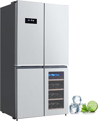 GarveeHome 36 Inch French Door Refrigerator, 21 Cu.Ft. Counter Depth Refrigerator Bottom Freezer with Wine Cabinet, Stainless Steel 4 Doors Fridges Kitchen Freezer, Adjustable Shelves