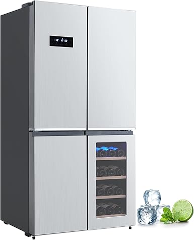 GarveeHome 36 Inch French Door Refrigerator, 21 Cu.Ft. Counter Depth Refrigerator Bottom Freezer with Wine Cabinet, Stainless Steel 4 Doors Fridges Kitchen Freezer, Adjustable Shelves