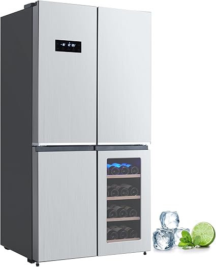 GarveeHome 36 Inch French Door Refrigerator, 21 Cu.Ft. Counter Depth Refrigerator Bottom Freezer with Wine Cabinet, Stainless Steel 4 Doors Fridges Kitchen Freezer, Adjustable Shelves