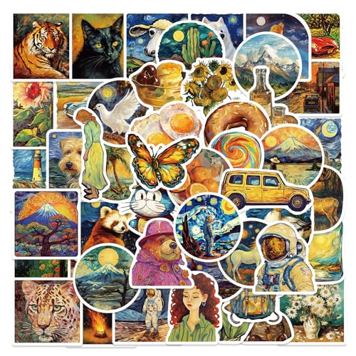 Aspcsmomt 50 Stück berühmte Gemälde-Kunst-Aufkleber, Vinyl, wasserdicht, Partyzubehör, Retro, Vincent Van Gogh, Ölgemälde-Stil, Aufkleber für Wasserflaschen, Fahrräder, Gepäck, Laptop, Skateboard,