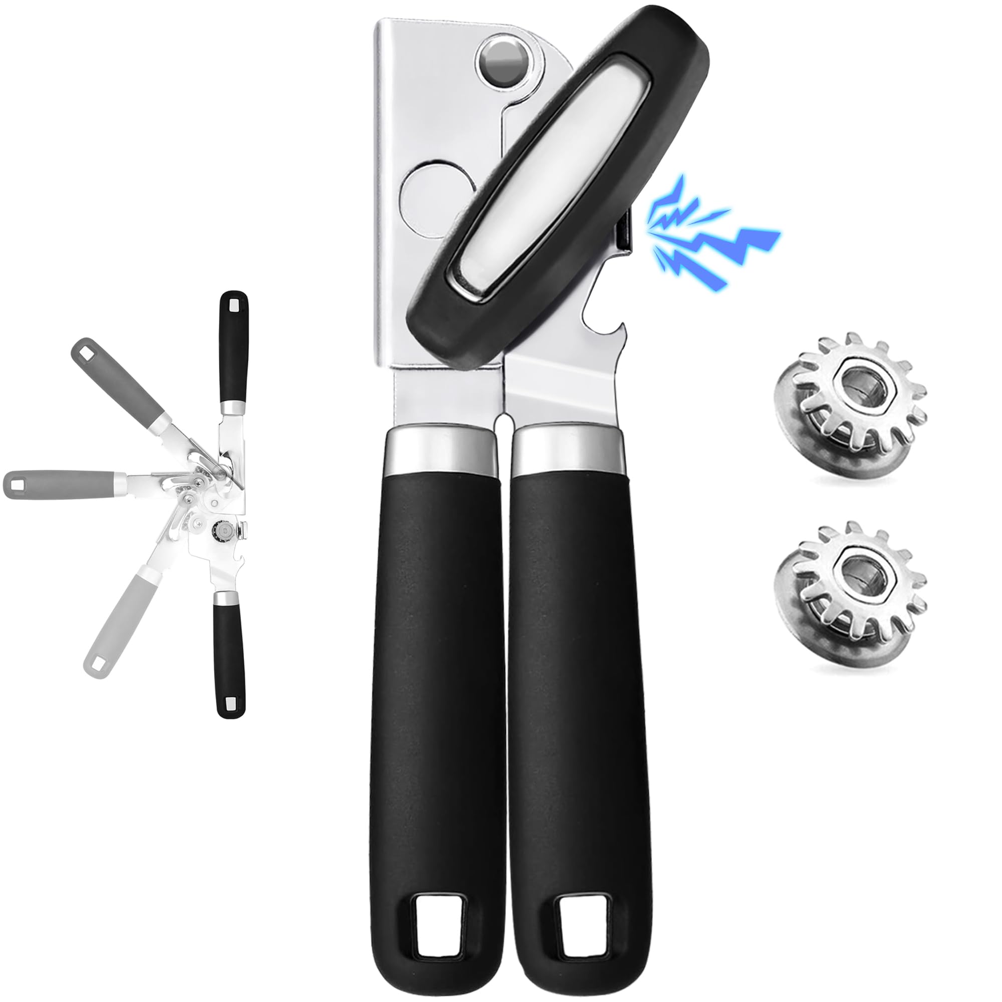 Navani Heavy Duty Can Opener with Magnet and 2 Extra Blades - Safety Manual Opener for Arthritis Hands, Compact Tin Cutter Black