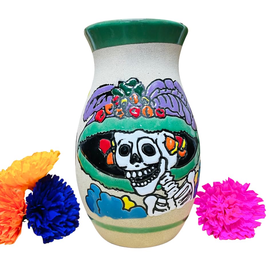 Miniatura 10 de Florero Catrina - Mexican Home Décor - Home Decor - Mexican Vases - Mexican Pottery - Mexican Decor - Guelaguetza Designs (Green Rim)