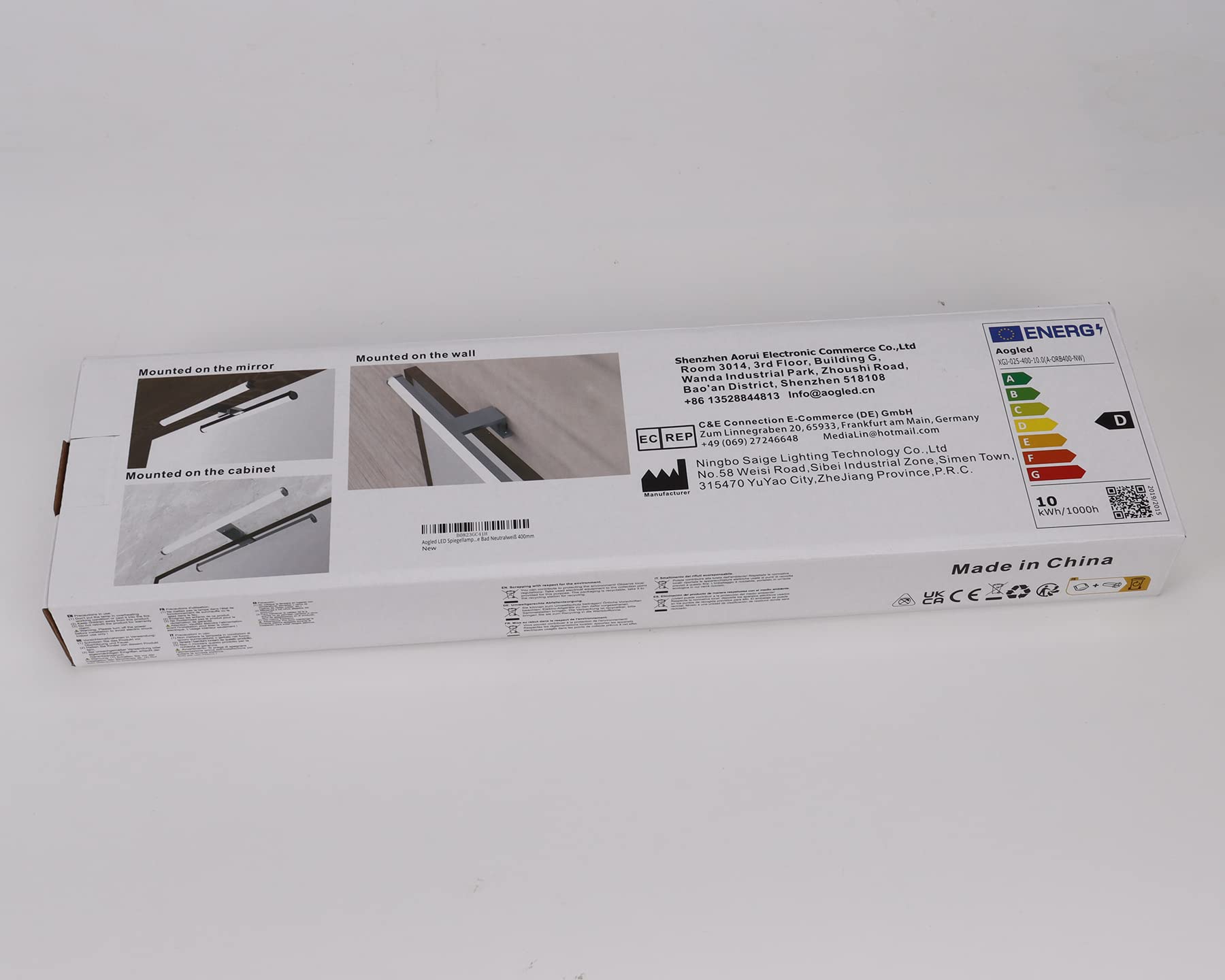 Lámpara de Espejo Baño 40 cm 10W 1200LM 230V Blanco Frío 4000K,IP44 Clase II Lámpara de Espejo de baño Delgada,Abrazadera en el Espejo/Gabinete/Iluminación de Pared