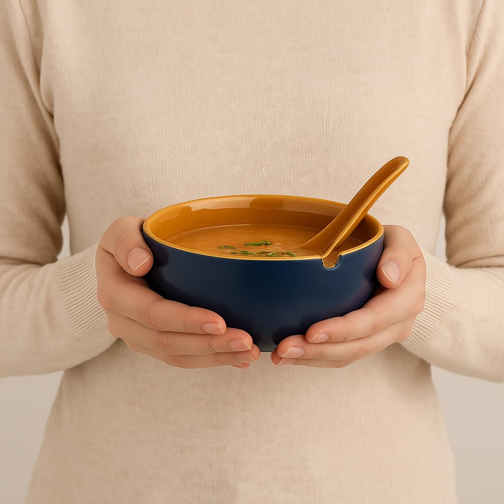 KITTENS Ceramic Soup Bowl & Spoon Set of 4 - Blue & Mustard Hand‑Painted 280 ml | Microwave & Dishwasher Safe | BPA‑Free | Ideal for Soup, Curry, Salad & Gifting 2
