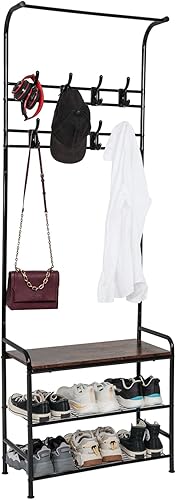 ARTETHYS Entryway Coat Rack with Shoe Bench 3-in-1 Hall Tree Storage Bench Metal Frame with Adjustable Foot Pad