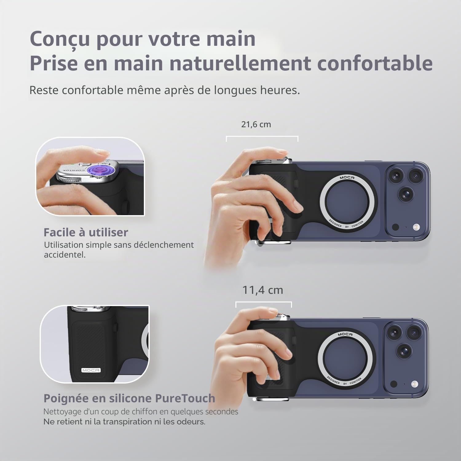 COMITOK MOCA - Poignée magnétique pour iPhone 17 - Compatible iOS 26 - avec télécommande Multifonction Amovible - Design Ergonomique - en Silicone PureTouch - pour Support de vlogging