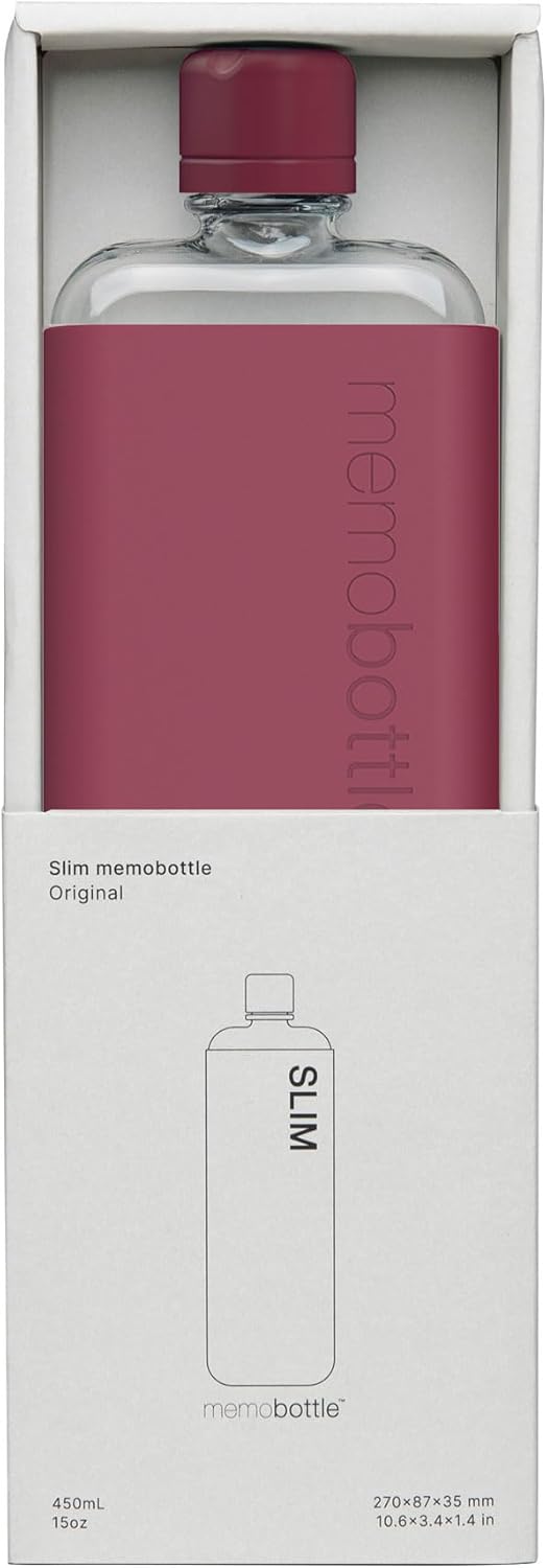 memobottle SLIM (Wild Plum) Bundle - 15oz (450ml) - Bottle, silicone sleeve & lid | Sleek, Slim & Flat Water Bottle for Bags & Laptops | BPA Free Tritan | Modern, Minimalist | Ideal for Daily Use
