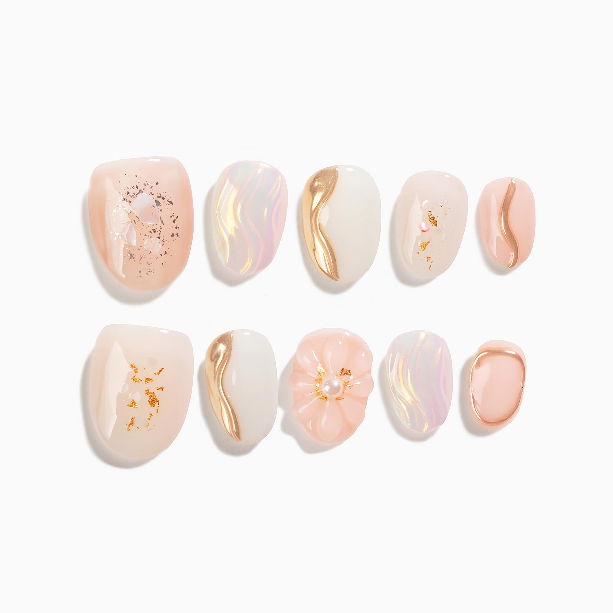 Sun&Beam Nails Handmade Press-on Short Round White Beige Gold 3D Mirror Pearl Design False Nail Tips 10 Pcs (#131 S)