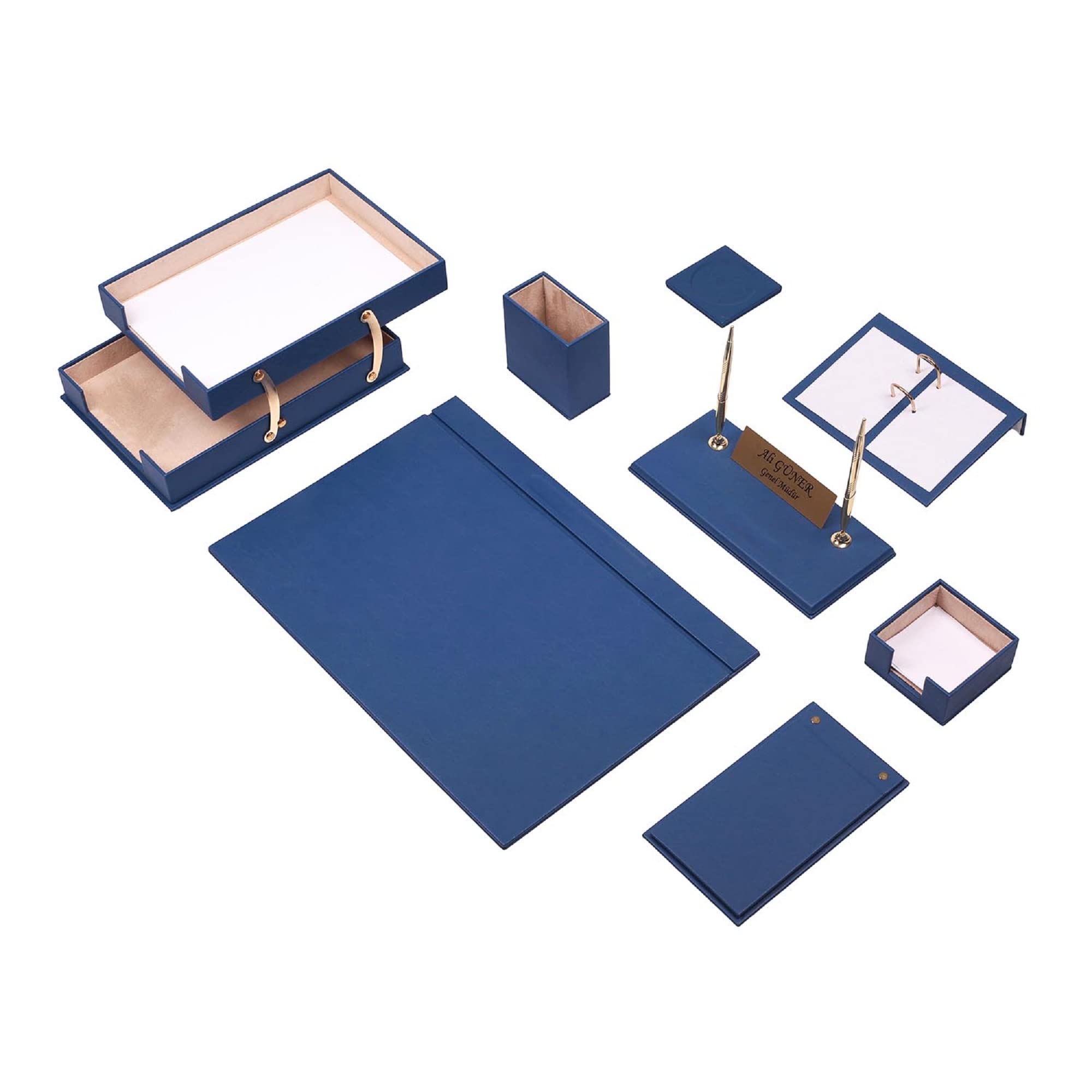 Set da scrivania in pelle, sottomano da scrivania, porta foglietti per appunti, portapenne, sottobicchiere in pelle, accessori da scrivania, organizer da scrivania, accessori da scrivania (blu)