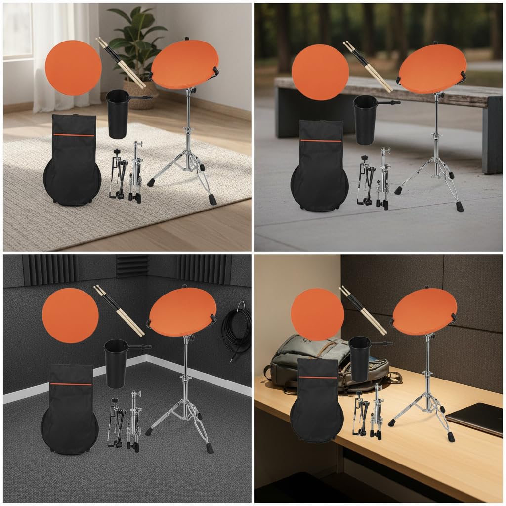 Caja Sorda para Percusión - Almohadilla Práctica Silenciosa con Baquetas y Soporte para Bateristas Principiantes - para Ensayos, Naranja