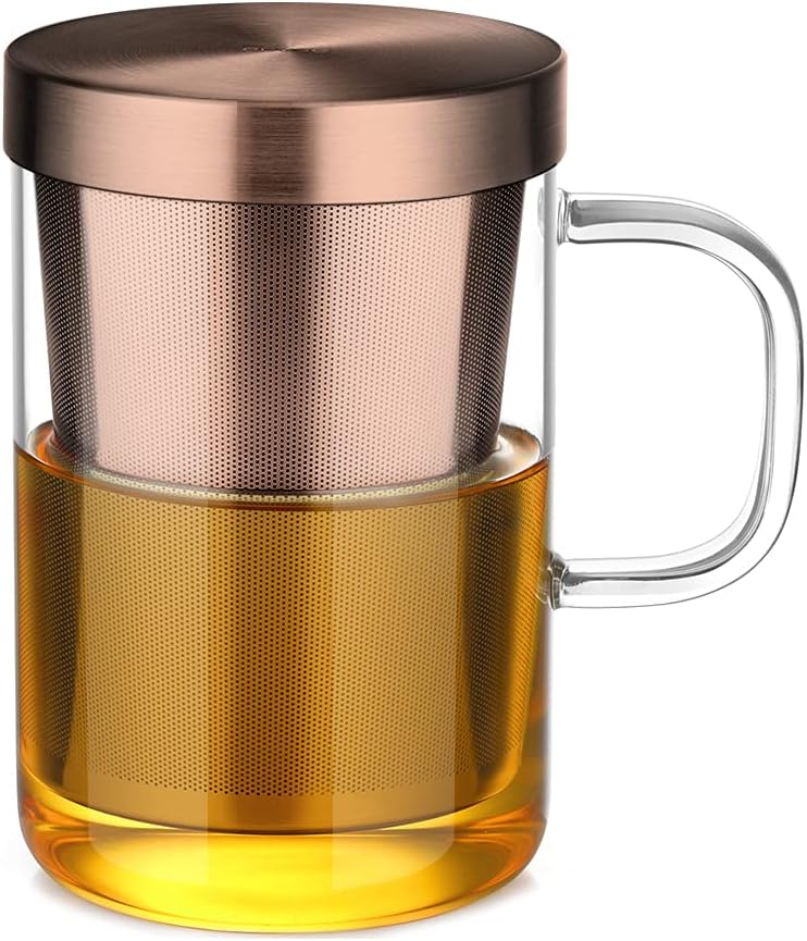 Tea Infuser Mug 16.9oz Glass Tea Cup with Removable Stainless Steel Infuser and Lid, Clear Glass Tea Cup 500ml Teacup for Loose Leaf Tea, Birthday for Parents Dad Mum Friends (Bronze)