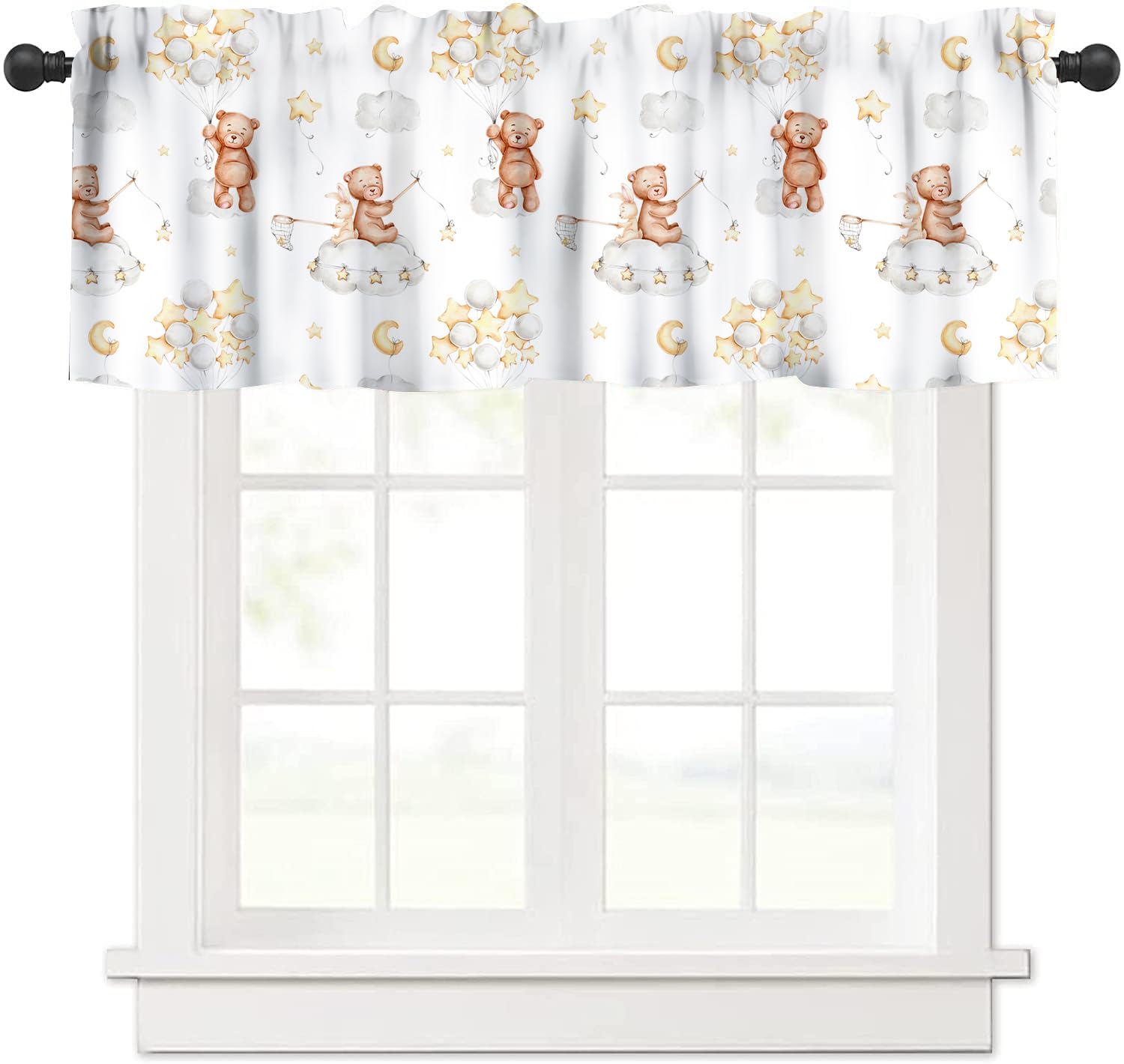 JanJCurt Cartoon Bear Valance, Cute Bunny Bears Cloud Star Balloon Print Rod Pocket Blackout Short Window Curtain Treatment for Nursery Toddler Baby