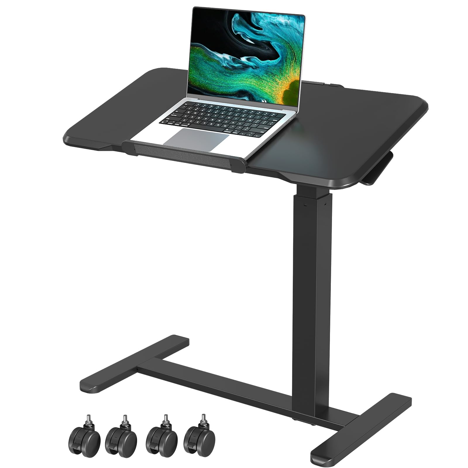 Rolling Laptop Desk, Mobile Standing Desk Height Adjustable, 180° Tiltable Overbed Bedside Table, Portable Computer Desk with Lockable Wheels, Foldable Laptop Cart for Home Office, Black