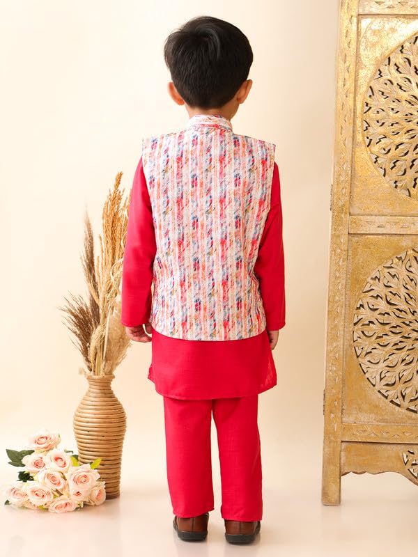Image of superminis Boys Cotton Printed Full Sleeves Kurta Pyjama with Jacket Ethnic Wear Set