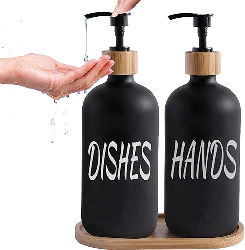 Dispensador de jabón de vidrio  Contiene dispensador de jabón de vidrio negro mate y dispensador de jabón de manos, bomba de bambú y bandeja de