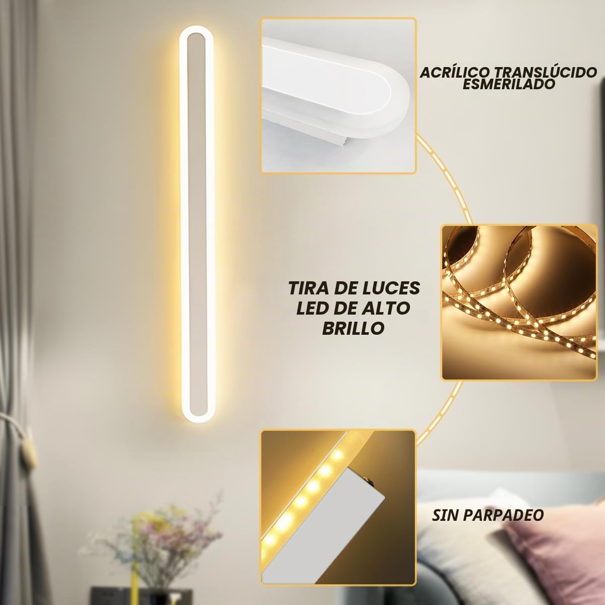 Aplique Pared Interior Regulable,22W/60CM Largo Lampara LED | con Control Remoto Regulable 10%-100%,3000K-6000K,Aplique LED Moderna para Dormitorio Sala de Estar Pasillo