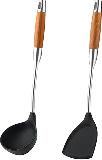 Silicone Spatula and Ladle Tool Set - Wok Tools, Wok Utensil,Stainless Steel Non Stick Heat-Resistant Kitchen Utensils BPA Free Cooking Utensils Cookware Wooden Handle,2 Pieces
