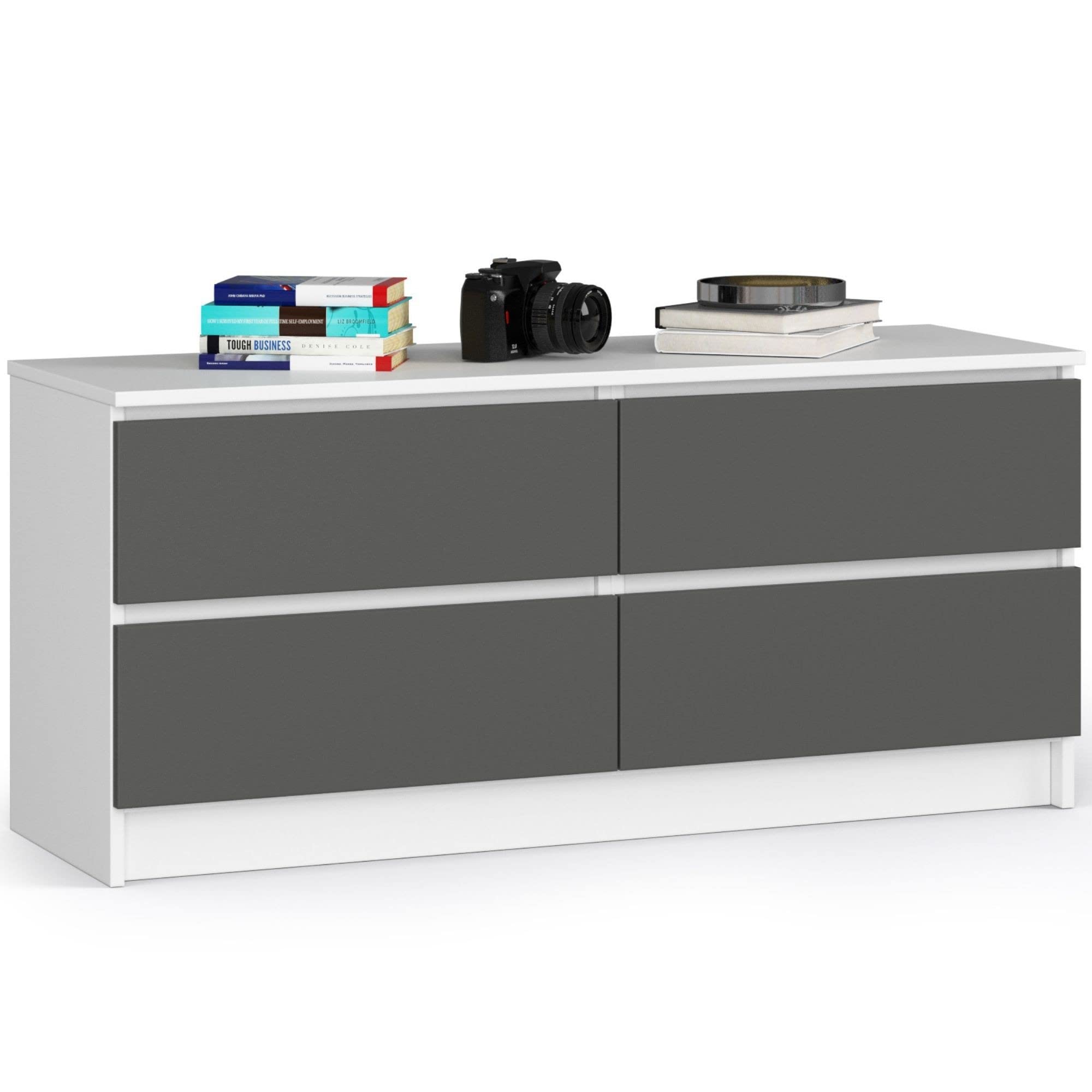 AKORD Commode K 120 cm 4 Tiroirs pour Salon| Chambre | Bureau Salon Design Moderne Fonctionnel Panneau Stratifié 16mm | Couleur Blanc/​Gris Graphite