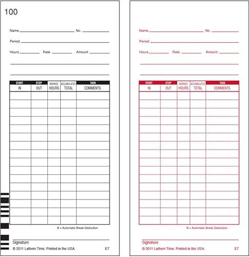 Lathem Tarjeta de tiempo modelo E7-1000 E7 (caja de 1000) para usar con relojes de tiempo de cálculo Lathem 7000E y 7500E, impresión de doble cara,