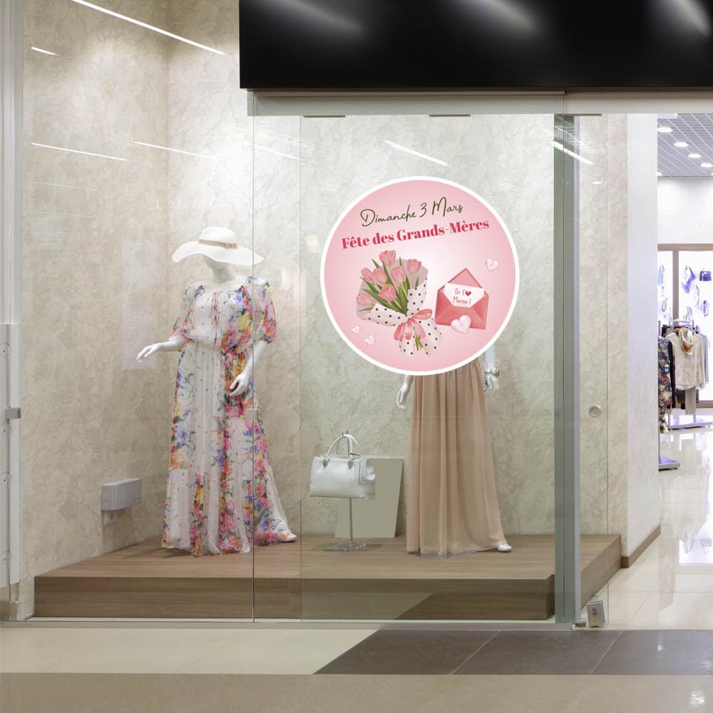 Adzif.biz Le sticker de decoration - Sticker Vitrine Fête des Grands Mères Date Personnalisable, Autocollant décoratif fête des mamies à Personnaliser pour vitrine commerçant