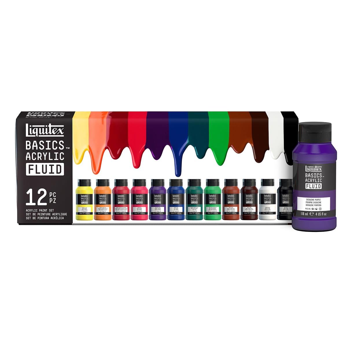 Liquitex 3699431 Basics Fluid Acrylfarbe Set mit fließender Konsiszenz, schnell trocknend, lichtecht, wasserfest, auf Wasserbasis - 12 Farbenset a 118ml Flaschen