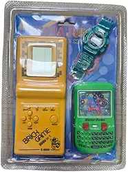 Kit Retrô 3 em 1, Mini Game 9999 Jogos, Jogo de Água e Relógio Digital, Amarelo e Verde